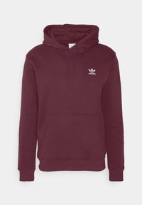 Burgunderröd hooded sweatshirt i bomullsblandning, med en framfickor i kängurustil och en liten vit adidas-logotyp på bröstet.