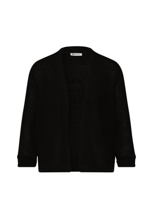 Cárdigan negro de punto con apertura frontal, mangas largas y corte holgado, mostrado sobre un fondo blanco.