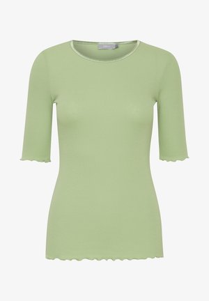 Harmaanvihreä, ribbikuvioinen neulepaita pyöreällä pääntiellä ja aallotetut reunat hihoissa ja helma. Valmistettu pehmeästä, joustavasta kankaasta.