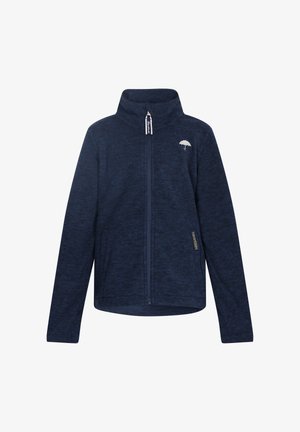 Tumehall sinine fliisjakkk, millel on kõrge kaelus ja täispikk tõmblukk, mis sisaldab rinna peal väikest valget vihmavarju logo ning kergelt tekstureeritud mustrit.