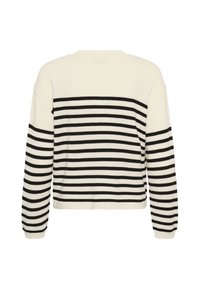 Pull blanc en maille à manches longues avec des rayures noires horizontales sur le corps et les manches, vu de dos.