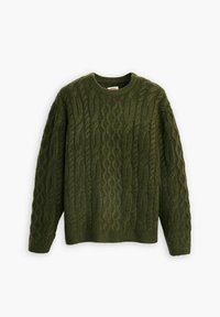 Dunkelgrüner Strickpullover mit Kabelmuster, rundem Ausschnitt und langen Ärmeln. Hergestellt aus strukturiertem Material mit unterschiedlichen Maschenmustern.