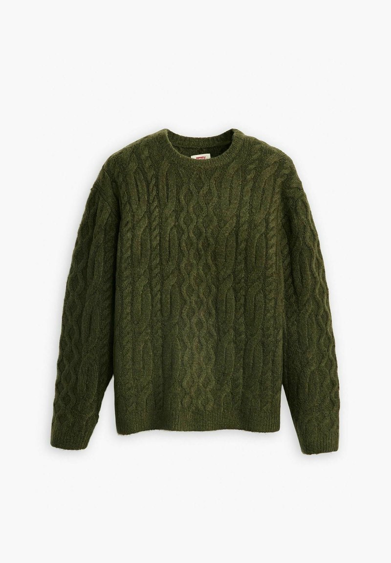 Dunkelgrüner Strickpullover mit Kabelmuster, rundem Ausschnitt und langen Ärmeln. Hergestellt aus strukturiertem Material mit unterschiedlichen Maschenmustern.