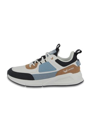 White and black sneakers with blue, brown, and gray accents. Features a textured material, perforated details, and a cushioned sole.