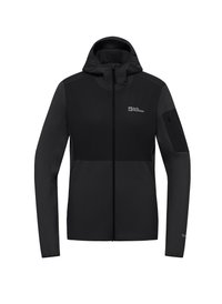 Giacca nera da esterno con zip completa, cappuccio e pannelli in tessuto a contrasto; presenta una tasca con zip sulla manica per una conservazione sicura.