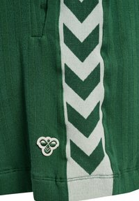 Zielone szorty z tkaniny o pionowej struktury prążkowanej, z białym wzorem chevron po boku. Zawierają małe haftowane logo.