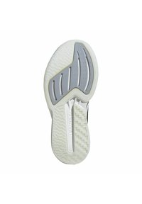Suela de zapato deportivo con una parte exterior blanca texturizada y acentos grises, ranuras flexibles y un logo grabado en el lateral.