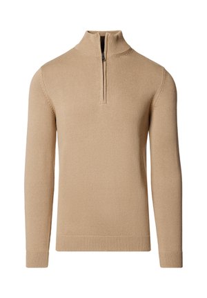 Beżowy sweter typu pulower z półzamkniętym kołnierzem na zamek, ściągaczami na mankietach i dole, o gładkiej, dzianinowej fakturze. Długie rękawy, klasyczny krój.