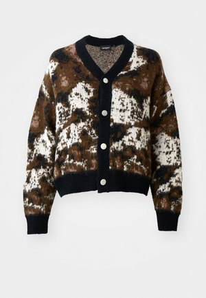 Knitted cardigan in brown, cream, and black with a geometric pattern. Features a V-neck, front buttons, and ribbed cuffs and hem.