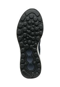 Suola della sneaker GEOX con una superficie in gomma nera testurizzata, caratterizzata da motivi circolari e ovali per una migliore aderenza e ventilazione. Logo audace sul tallone.