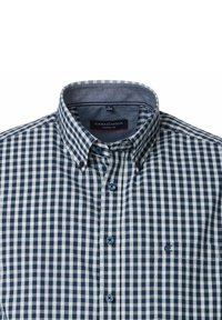 Blauw en wit geruiten overhemd met een casual pasvorm, voorzien van een puntige kraag, blauwe knopen en een klein geborduurd logo op de zak.