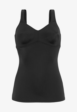 Schwarzes Tanktop mit verstellbaren Trägern, das ein V-Ausschnitt-Design und glattes, dehnbarkeit Material aufweist. Nahtdetails sind auf der Vorderseite sichtbar.