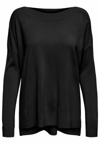 Czarny sweter z dzianiny o luźnym kroju, szerokim dekolcie w łódkę i długich rękawach. Prążkowany dół i mankiety, gładka struktura oraz nieco dłuższy tył.