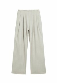 Light gray, wide-leg trousers with vertical pinstripes, featuring pleats at the front and a smooth texture. No visible hardware.