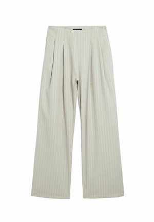 Light gray, wide-leg trousers with vertical pinstripes, featuring pleats at the front and a smooth texture. No visible hardware.