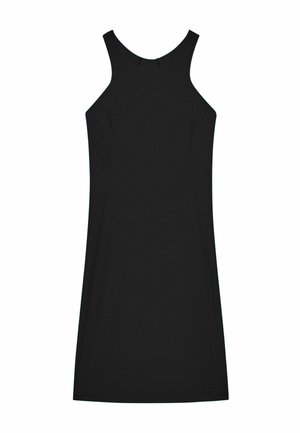 Abito nero senza maniche con scollatura rotonda e silhouette aderente. Realizzato in tessuto liscio, presenta cuciture minime e linee pulite.