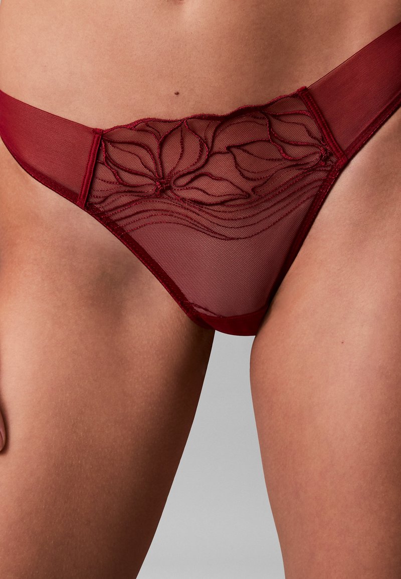 Bordowe koronkowe stringi z przezroczystymi panelami z siateczki, zdobione kwiatową haftem i półprzezroczystym paskiem w talii, oferujące delikatny i misterny wzór.