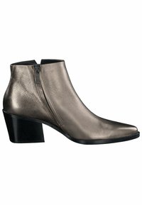 Metalická kožená kotníková bota s špičatou špičkou, bočním zipem a robustním černým podpatkem. Hladký povrch s elegantním siluetou.