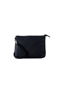 Black woven clutch bag with a zip closure, featuring a detachable black wrist strap and textured surface. Compact rectangular shape.