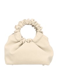 Borsa in tessuto beige con parte superiore arricciata e manico rotondo, caratterizzata da una texture liscia e una forma strutturata e arrotondata.
