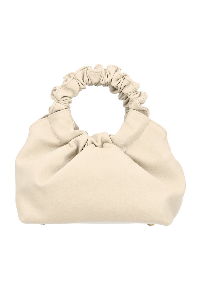 Borsa in tessuto beige con parte superiore arricciata e manico rotondo, caratterizzata da una texture liscia e una forma strutturata e arrotondata.