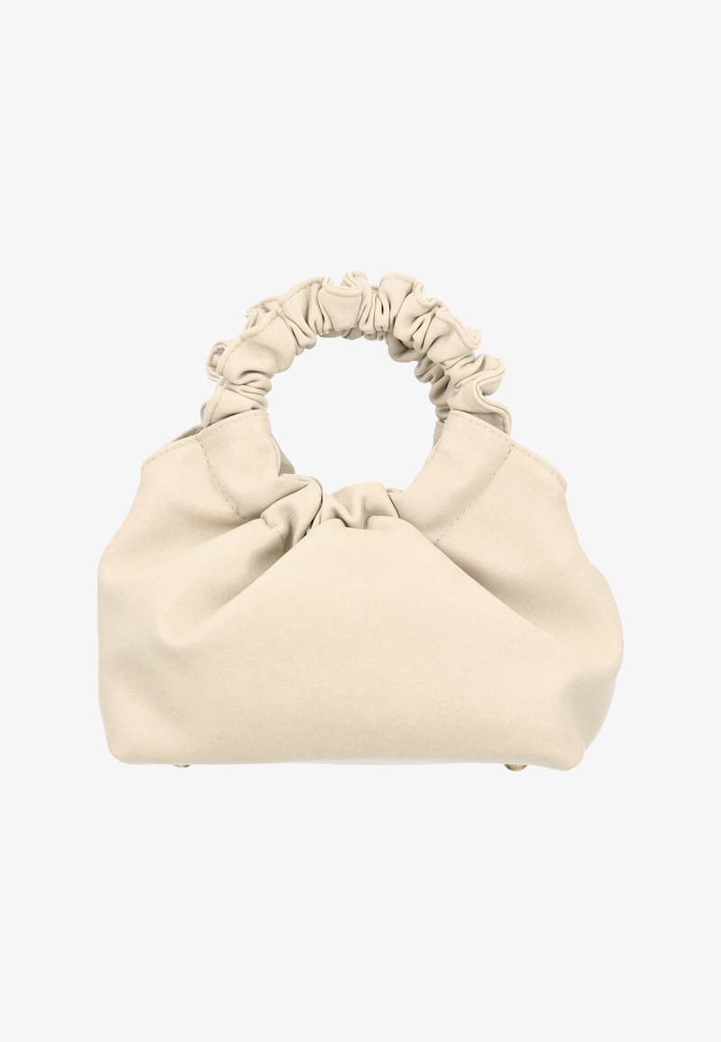 Bolso de tela beige con parte superior recogida y asa redonda, que presenta una textura suave y una forma estructurada y redondeada.