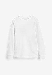 Långärmad vit T-shirt i mjuk bomull, med rund halsringning, ribbade mudd och rak nederkant. Ingen mönster eller detaljer.