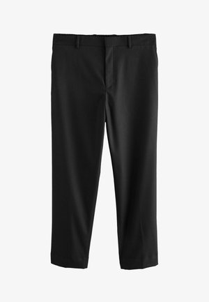 Black trousers made of smooth fabric, featuring a classic design with front pockets and a straight cut, ending above the ankles.