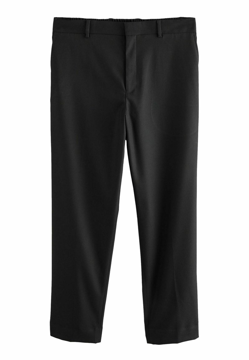 Pantaloni negri din țesătură netedă, cu un design clasic, având buzunare frontale și o croială dreaptă, care se termină deasupra gleznelor.