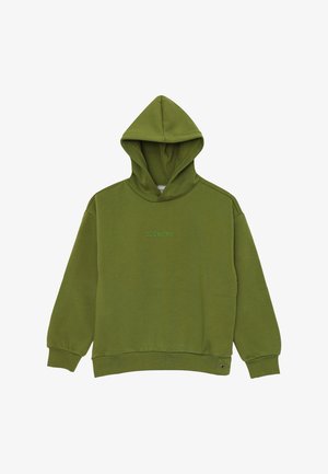 Felpa verde oliva con maniche lunghe, dettaglio della tasca frontale e la scritta "ICEBERG" ricamata nello stesso verde sul petto.