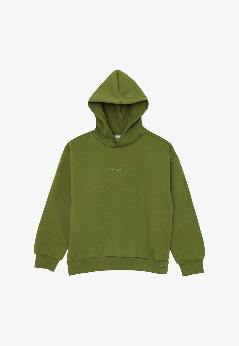 Felpa verde oliva con maniche lunghe, dettaglio della tasca frontale e la scritta "ICEBERG" ricamata nello stesso verde sul petto.