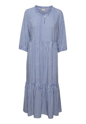 Vestido a rayas azul y blanco con mangas tres cuartos, escote con volantes, detalle de botones y dobladillo de capas. Hecho de una tela ligera.