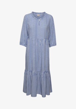 Blue and white striped dress with three-quarter sleeves, ruffled neckline, button detail, and a tiered hemline. Made from lightweight fabric.