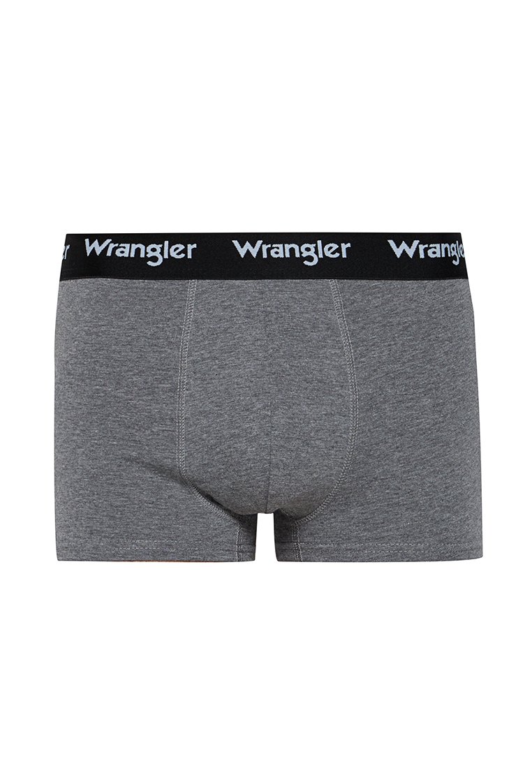 Szare bokserki wykonane z miękkiego materiału, z czarnym paskiem w talii z białym logo "Wrangler", zaprojektowane z myślą o komforcie i wsparciu.