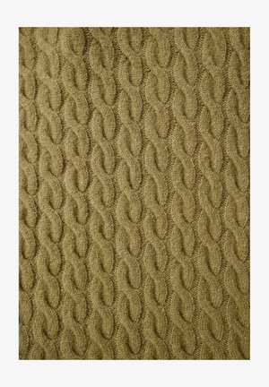 Olive rohelise värvi kudum, millel on tekstureeritud nööri muster, esitades ümarad, omavahel põimitud kujundid, mis loovad sügavuse ja mustri kontrasti.