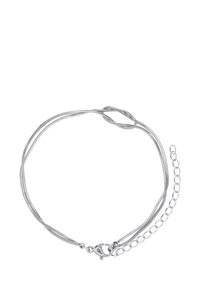 Collana in argento con design a rete, chiusura a gancio e catena regolabile con anelli circolari.