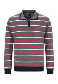 Grauer Sweatshirt mit roten und weißen horizontalen Streifen, Viertel-Reißverschluss-Kragen, einer Fronttasche und marineblauem Saum an den Bündchen und dem unteren Saum.