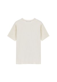 T-shirt a maniche corte di colore bianco crema, realizzato in tessuto morbido. Presenta un colletto rotondo e una vestibilità rilassata e ampia.