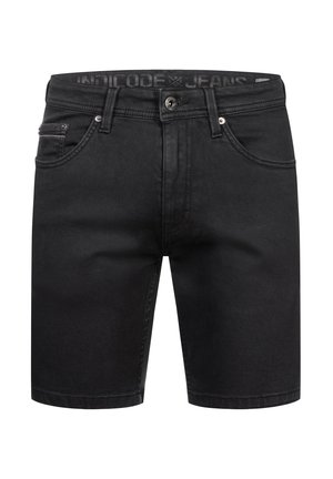 Čierne denimové šortky s klasickým strihom, obsahujúce päť vreciek, kovové prvky a hladkú textúru. Navrhnuté pre každodenné nosenie.