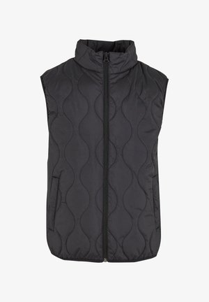 Prešívaná čierna vesta s vysokým golierom a predným zipsom. Obsahuje vlnitý vzor a bočné vrecká. Bezrukávový dizajn pre pohodlný pohyb.