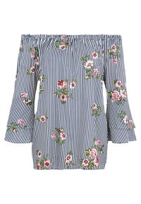 Bardot-top med marinblå och vita ränder, prydd med rosa blommönster. Har utsvängda ärmar och elastisk halsringning. Lättviktsmaterial.