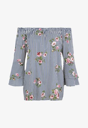 Õlavarrelt avatud top siniste ja valgete triipudega, kaunistatud roosa lillemustritega. Omab laienevaid varrukaid ja elastset kaelust. Kerge kangas.