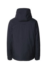 Marine isoleret jakke med hætte, sømløs ryg og minimalistisk design. Fremstillet af glat, slidstærkt stof med en mat overflade.