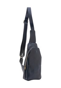 Borsa a tracolla in pelle blu navy con forma angolare. Presenta una tasca con zip sul davanti, una tracolla imbottita e una superficie liscia.