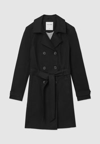 Manteau noir en trench avec des boutons croisés, un large col, une ceinture à la taille et des poches latérales. Fabriqué à partir d'un tissu lisse.