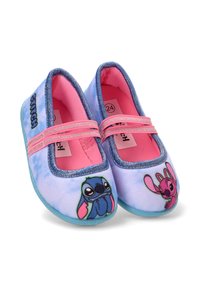 Zapatillas de niños sin cordones con personajes de Stitch en azul y rosa, correas elásticas rosas y ribete azul, talla 24 en el interior.