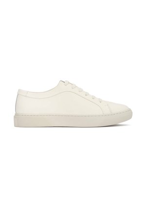 White leather sneakers with a smooth texture, lace-up design, and a low profile. Subtle stitching and a rubber sole. Clean, minimalistic look.