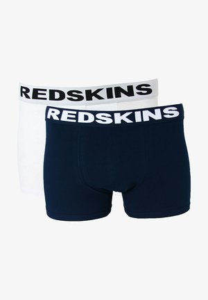 Set di boxer in cotone blu e bianco, caratterizzato da ampi elastici in vita con il logo "REDSKINS" in nero. Texture liscia, design aderente.
