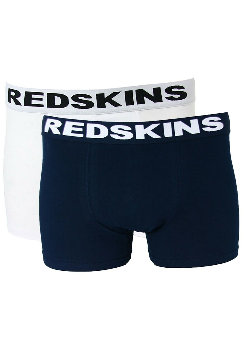 Set di boxer in cotone blu e bianco, caratterizzato da ampi elastici in vita con il logo "REDSKINS" in nero. Texture liscia, design aderente.