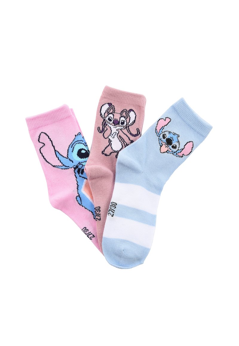 Tres pares de calcetines: rosa con un personaje azul, marrón con un personaje, y azul claro a rayas con un personaje azul. Material de mezcla de algodón.